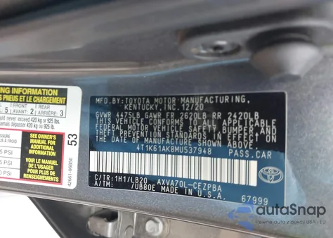 2021 Toyota Camry Xse from USA, damaged, VIN 4T1K61AK8MU537948